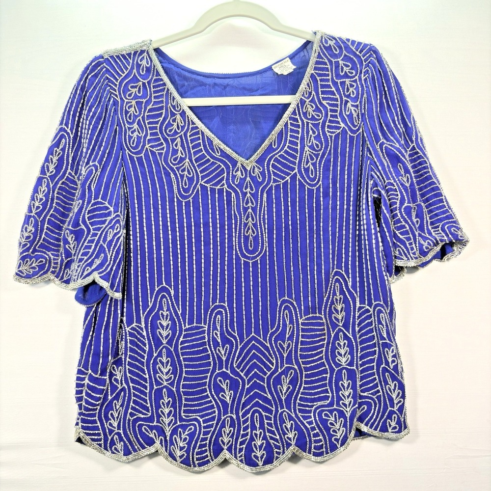 Judith Ann Creation Women Vintage Silk embellished Beaded Royal Blue Top Small